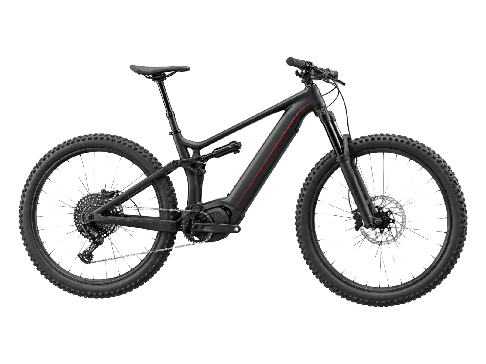 E-Mountainbike mit Akku im Unterrohr, freigestellt im Studiolicht