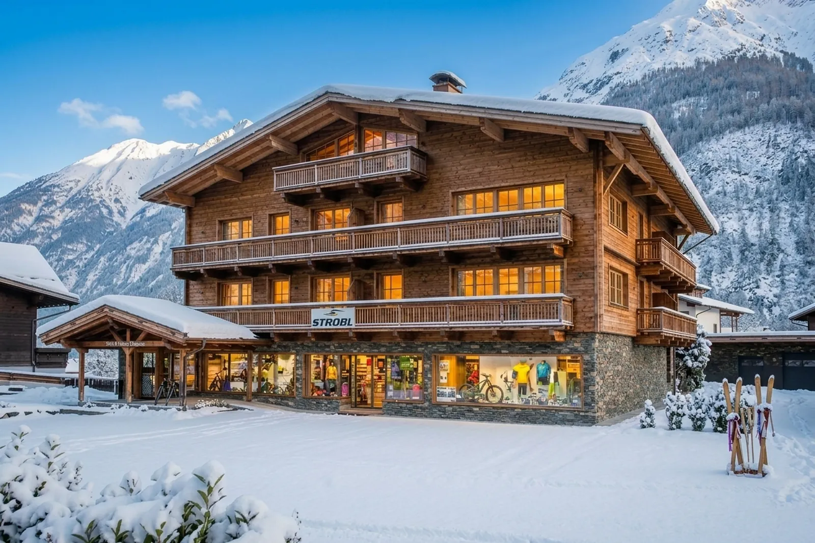 Das Haus von Sport Strobl in Holzgau im Schnee